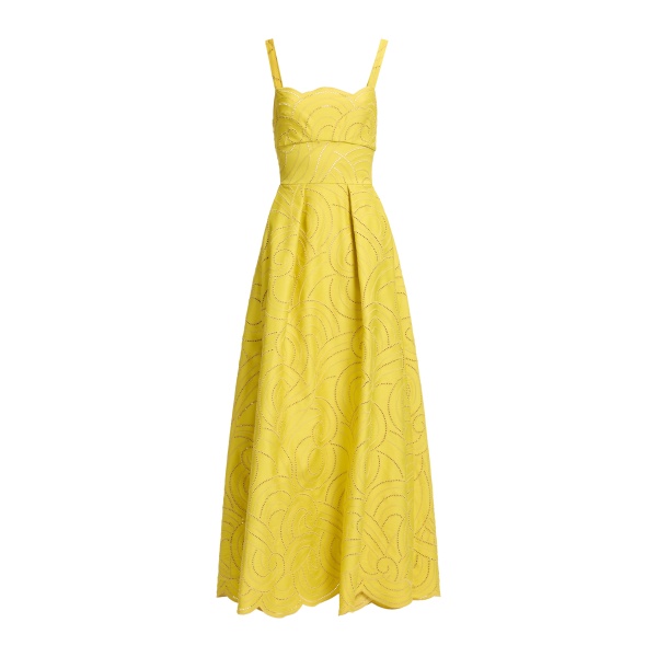 Elie Saab Swirl Embroidered Cotton Dress in Yellow featuring Cutwork Swirl Embroidery – Luxury Designer Fashion at Luxury Shoes .