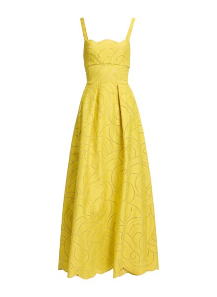 Elie Saab Swirl Embroidered Cotton Dress in Yellow featuring Cutwork Swirl Embroidery – Luxury Designer Fashion at Luxury Shoes .