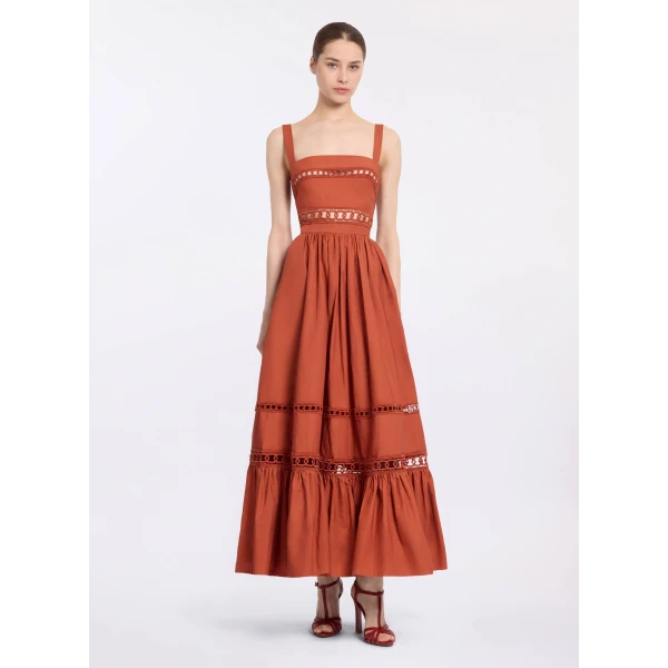 Elie Saab Trim Embellished Cotton Midi Dress in Orange featuring Macramé Trim Embellishments – Luxury Designer Fashion at Luxury Shoes .