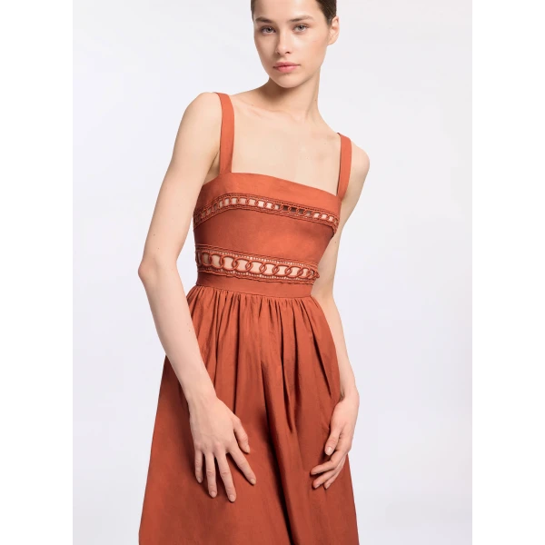 Elie Saab Trim Embellished Cotton Midi Dress in Orange featuring Macramé Trim Embellishments – Luxury Designer Fashion at Luxury Shoes .