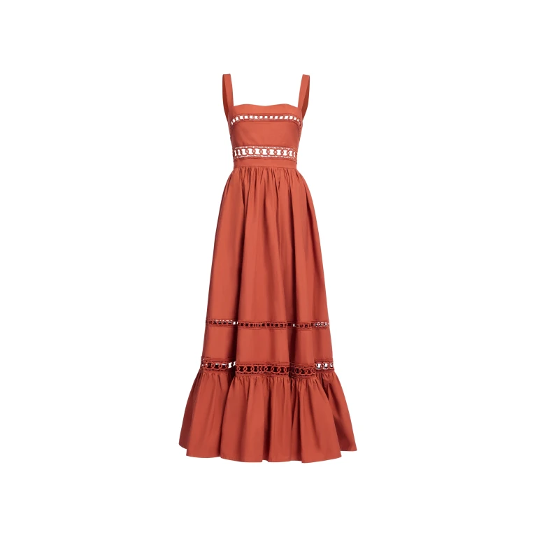 Elie Saab Trim Embellished Cotton Midi Dress in Orange featuring Macramé Trim Embellishments – Luxury Designer Fashion at Luxury Shoes .