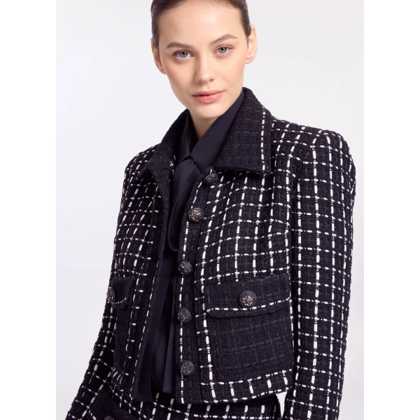 Elie Saab Tweed Jacket in White featuring Black & White Tweed – Luxury Designer Fashion at Luxury Shoes .