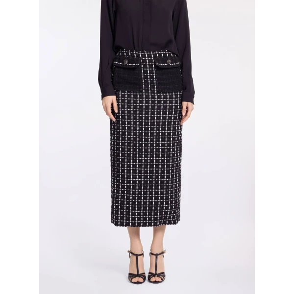 Elie Saab Tweed Midi Skirt in White featuring Black & White Tweed – Luxury Designer Fashion at Luxury Shoes .