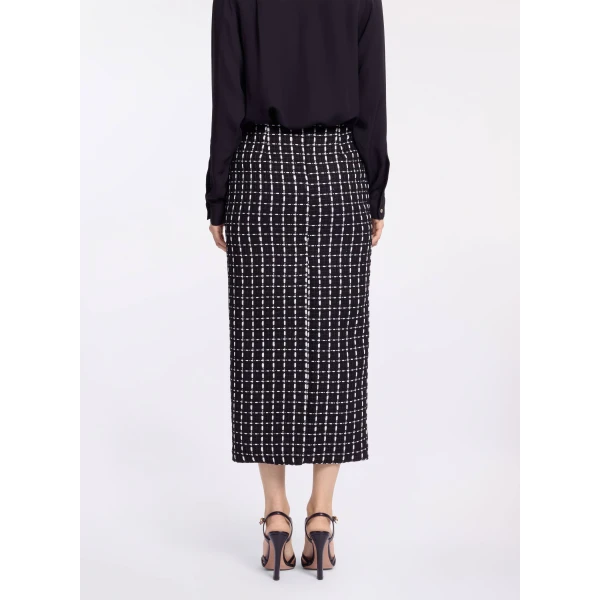 Elie Saab Tweed Midi Skirt in White featuring Black & White Tweed – Luxury Designer Fashion at Luxury Shoes .