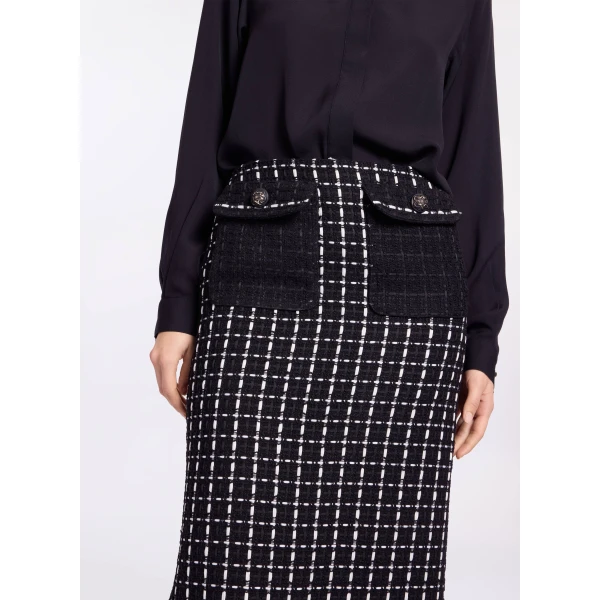 Elie Saab Tweed Midi Skirt in White featuring Black & White Tweed – Luxury Designer Fashion at Luxury Shoes .