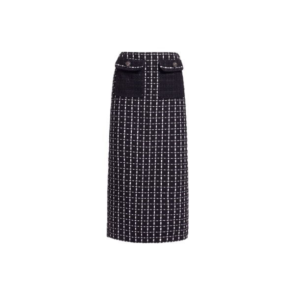 Elie Saab Tweed Midi Skirt in White featuring Black & White Tweed – Luxury Designer Fashion at Luxury Shoes .