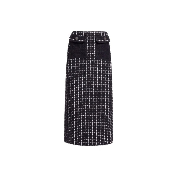 Elie Saab Tweed Midi Skirt in White featuring Black & White Tweed – Luxury Designer Fashion at Luxury Shoes .