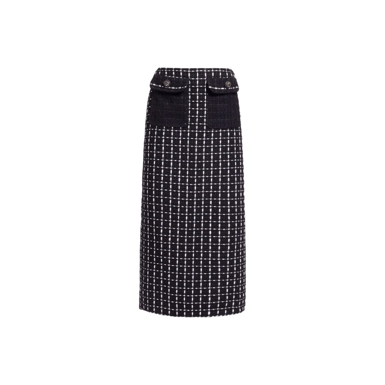 Elie Saab Tweed Midi Skirt in White featuring Black & White Tweed – Luxury Designer Fashion at Luxury Shoes .