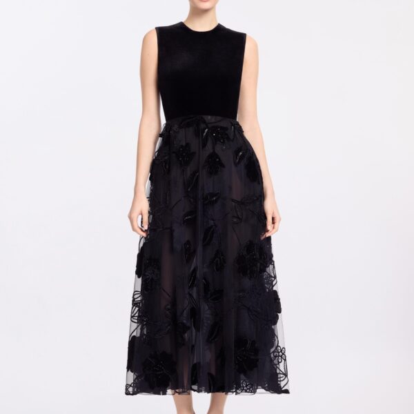 Elie Saab Velvet Embroidered Midi Dress in Black featuring Round Neck – Luxury Designer Fashion at Luxury Shoes .