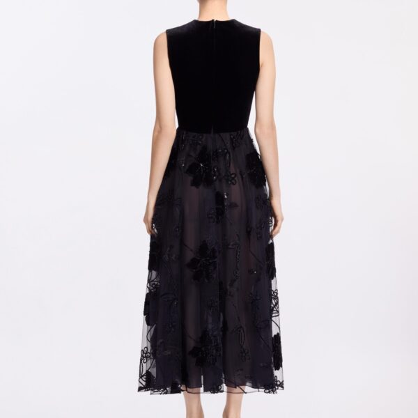 Elie Saab Velvet Embroidered Midi Dress in Black featuring Round Neck – Luxury Designer Fashion at Luxury Shoes .