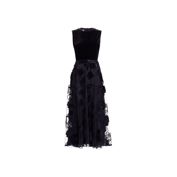 Elie Saab Velvet Embroidered Midi Dress in Black featuring Round Neck – Luxury Designer Fashion at Luxury Shoes .