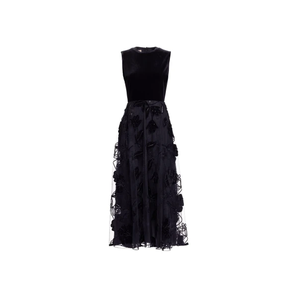 Elie Saab Velvet Embroidered Midi Dress in Black featuring Round Neck – Luxury Designer Fashion at Luxury Shoes .