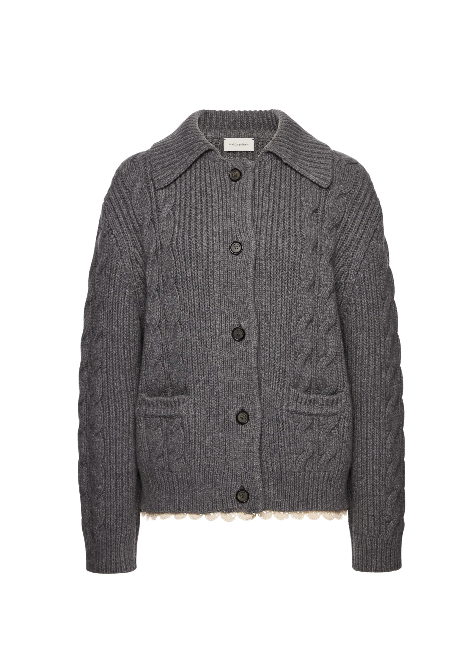 Magda-Butrym-Lace-Detail-Cable-Knit-Cardigan-Jacket-In-Grey-scaled93792_nobg Magda Butrym Knitwear luxury Cardigan from Luxury Handbags Marketplace