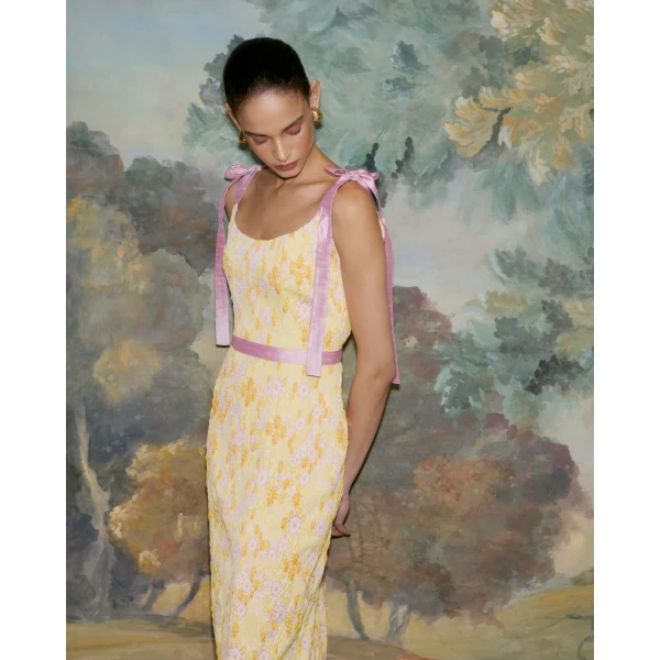 Markarian dress with romantic neckline and structured silhouette