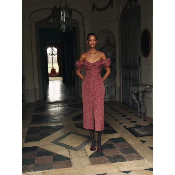 Markarian dress with romantic neckline and structured silhouette
