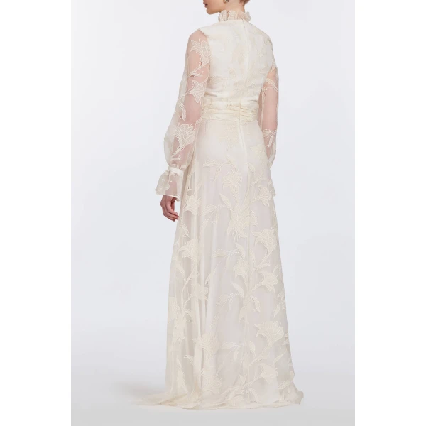 Markarian gowns with romantic neckline and structured silhouette