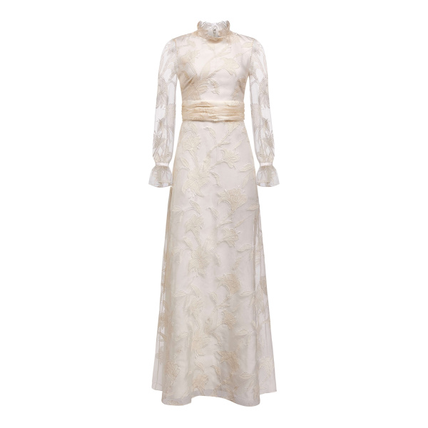 Markarian gown with romantic neckline and structured silhouette