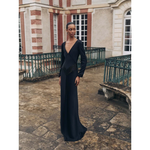 Markarian dress with romantic neckline and structured silhouette