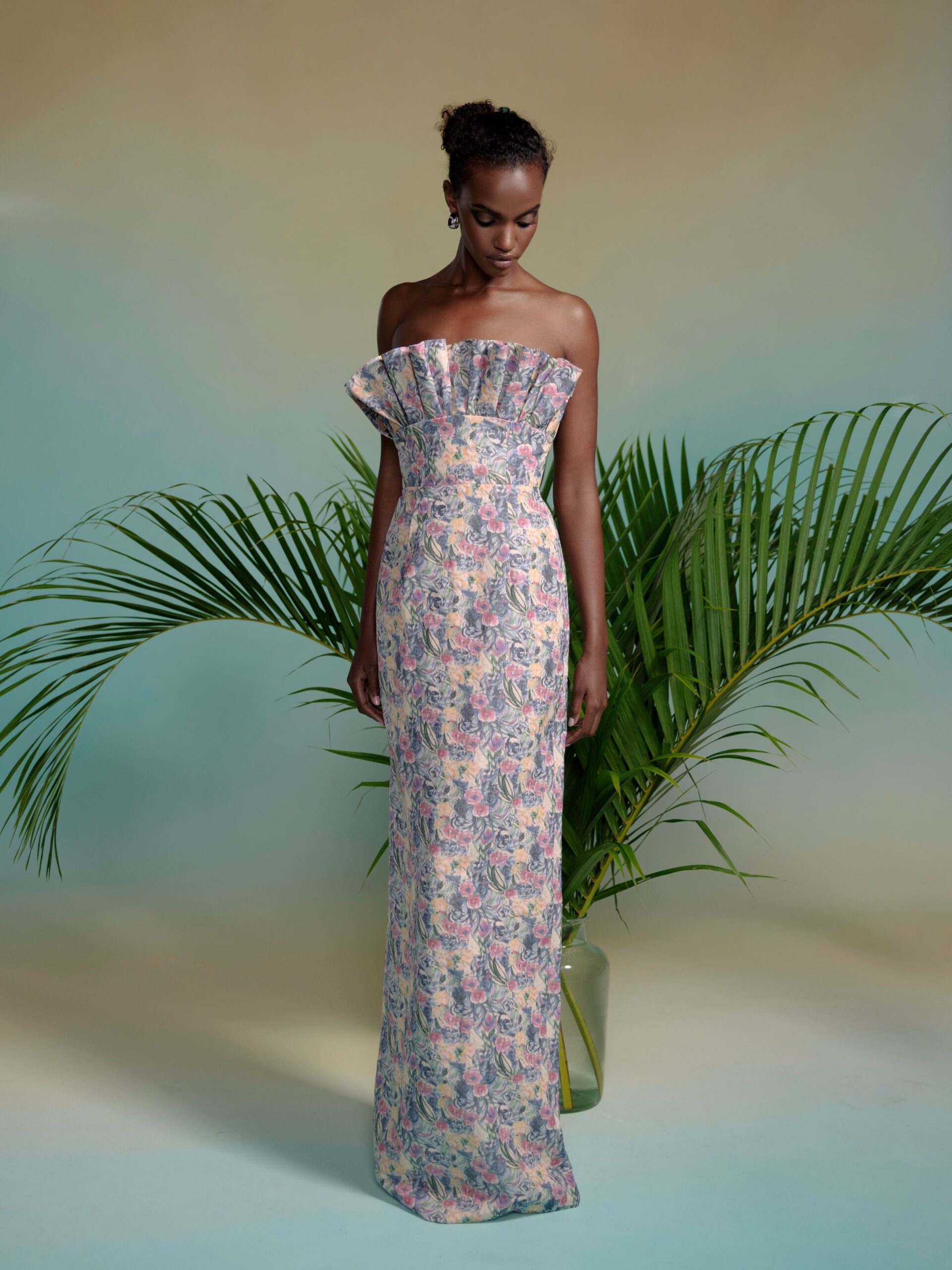 Markarian dress with romantic neckline and structured silhouette