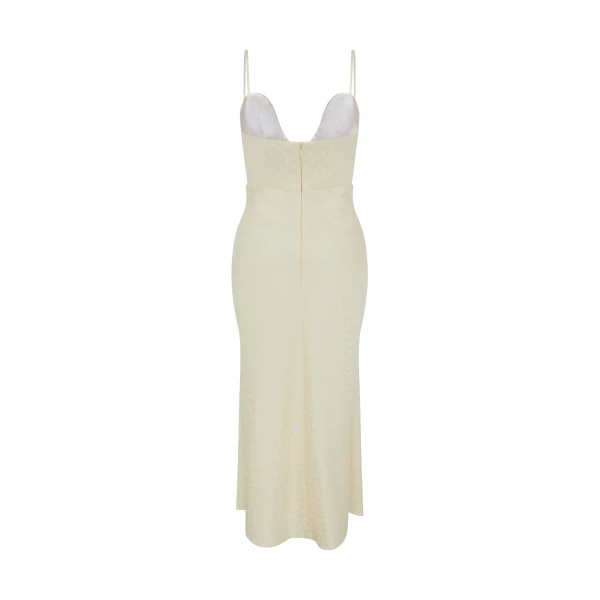 Markarian dresses with romantic neckline and structured silhouette