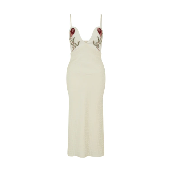 Markarian gown with romantic neckline and structured silhouette