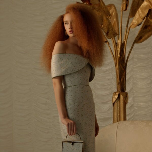 Markarian dress with romantic neckline and structured silhouette