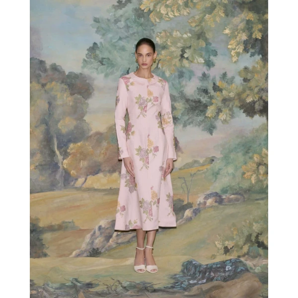Markarian dress with romantic neckline and structured silhouette