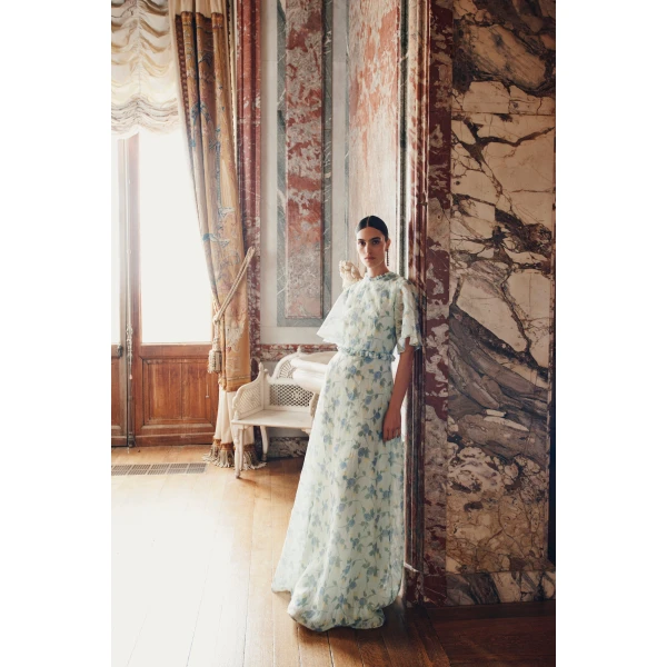 Markarian dress with romantic neckline and structured silhouette