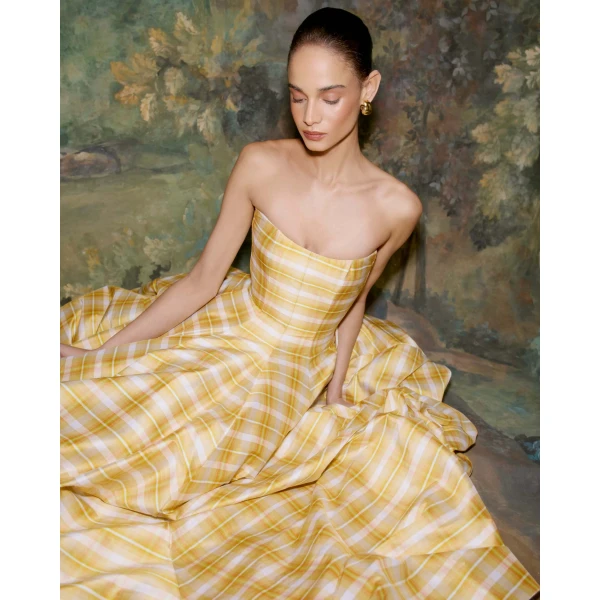 Markarian dress with romantic neckline and structured silhouette