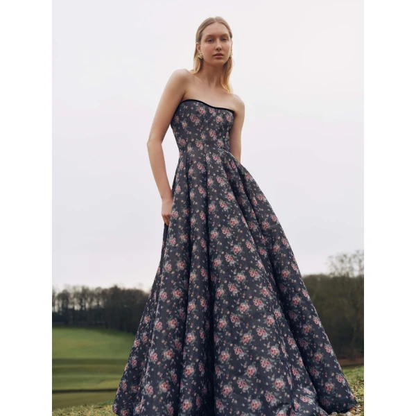 Markarian dress with romantic neckline and structured silhouette