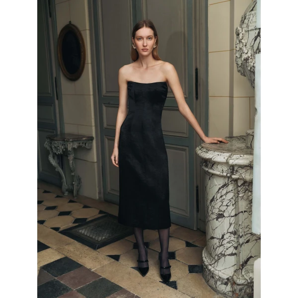Markarian dress with romantic neckline and structured silhouette