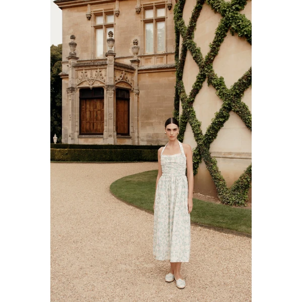 Markarian dress with romantic neckline and structured silhouette