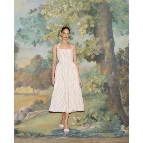 Markarian dress with romantic neckline and structured silhouette