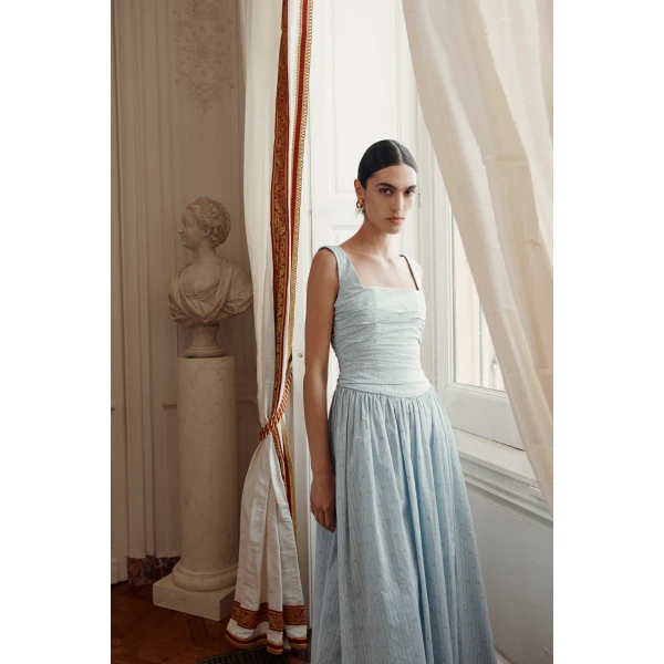 Markarian dress with romantic neckline and structured silhouette