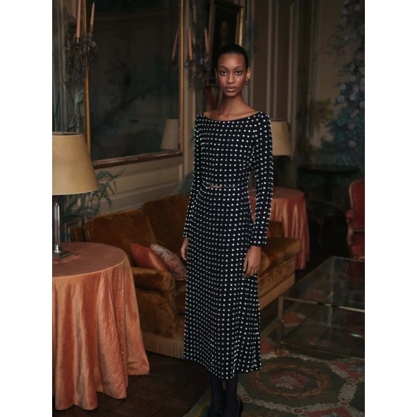 Markarian dress with romantic neckline and structured silhouette