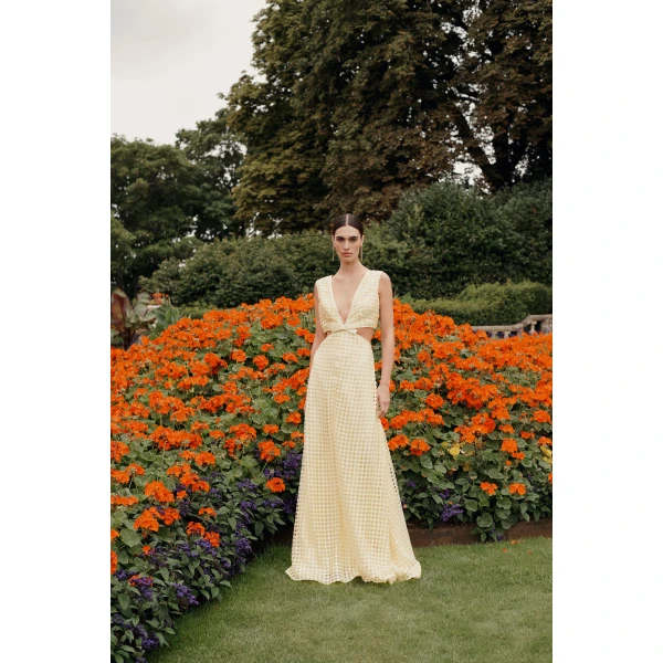 Markarian dress with romantic neckline and structured silhouette