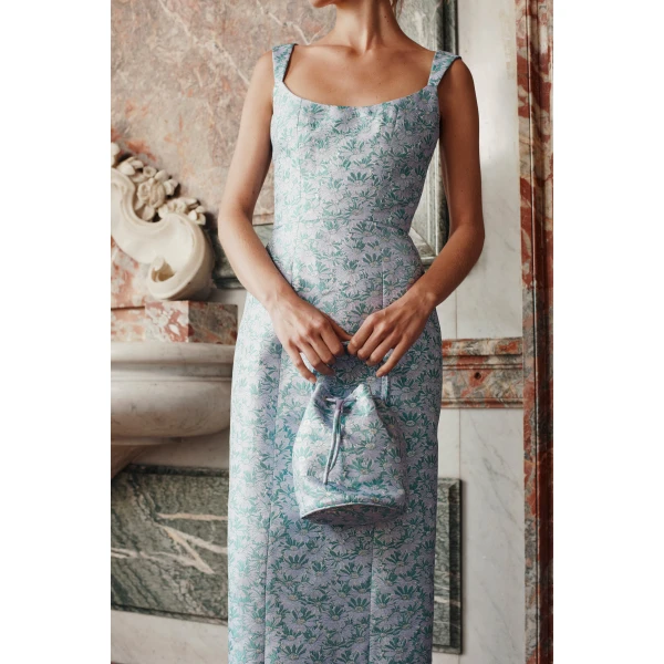 Markarian dress with romantic neckline and structured silhouette