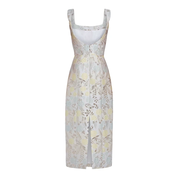 Markarian dress with romantic neckline and structured silhouette
