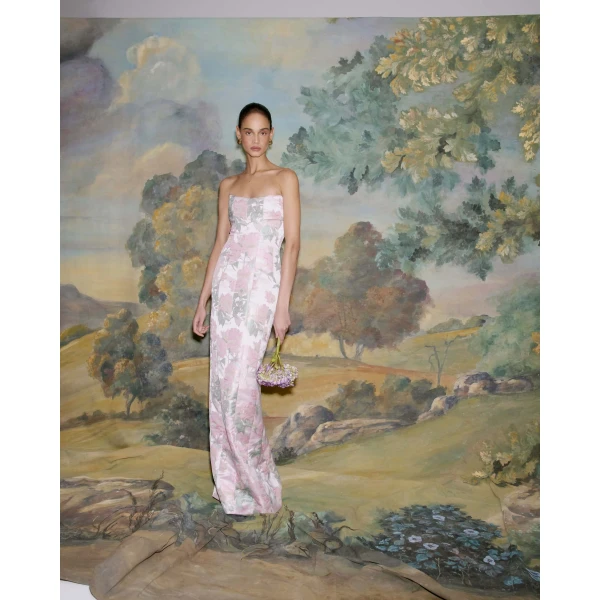 Markarian dress with romantic neckline and structured silhouette