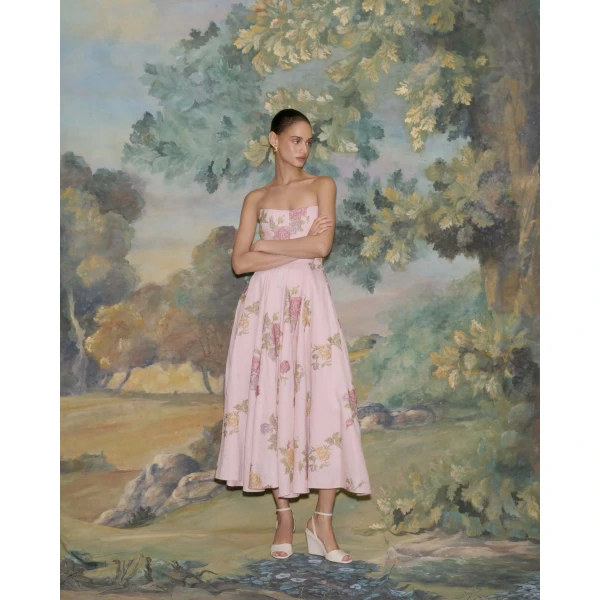 Markarian dress with romantic neckline and structured silhouette