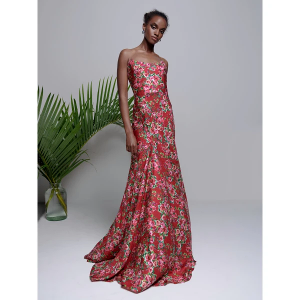Markarian dress with romantic neckline and structured silhouette