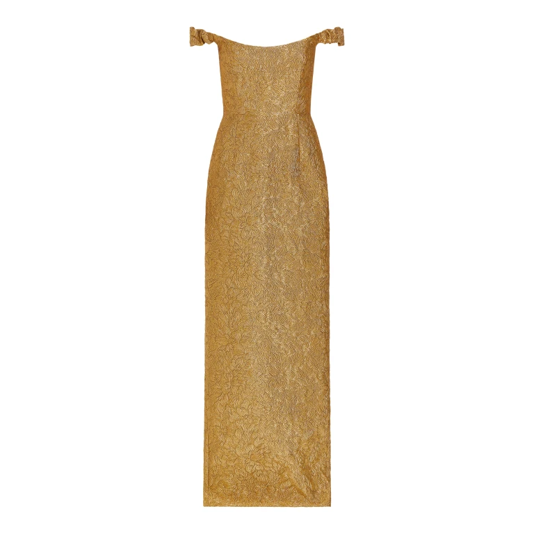 Markarian gown with romantic neckline and structured silhouette