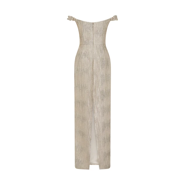 Markarian dress with romantic neckline and structured silhouette