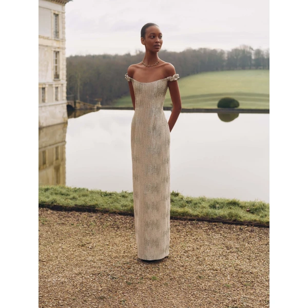 Markarian dresses with romantic neckline and structured silhouette