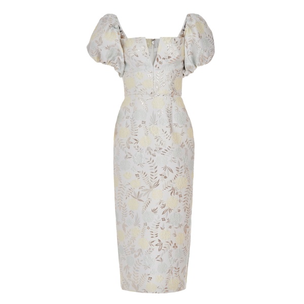 Markarian gown with romantic neckline and structured silhouette