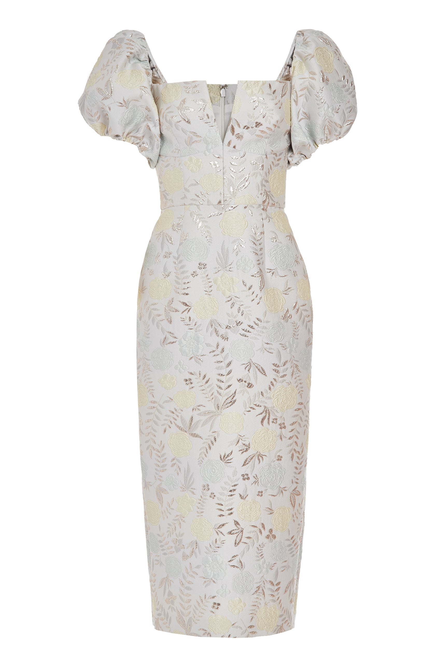 Markarian Yvette Ivory Metallic Brocade Puff Sleeve Dress