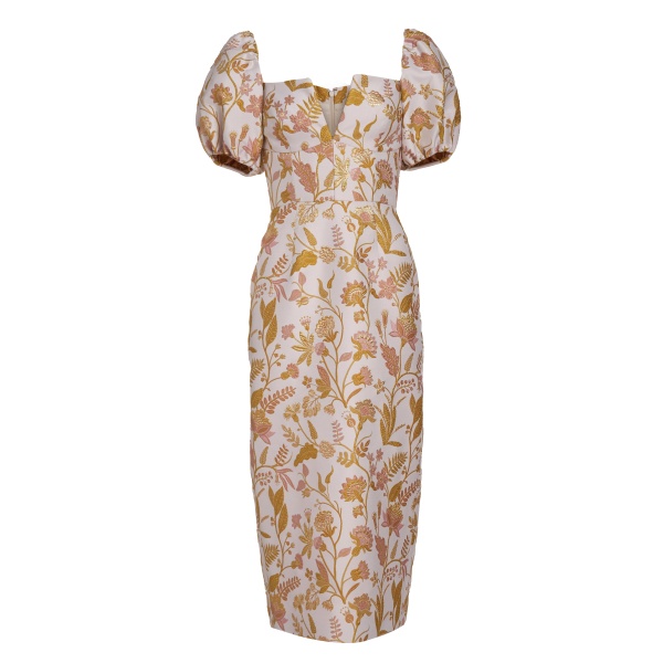 Markarian gown with romantic neckline and structured silhouette
