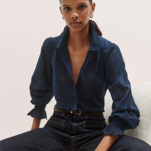 Me + Em Cotton Broderie Detail Straight Shirt – luxury British Blue in Me and Em exclusively at Luxury Shoes 