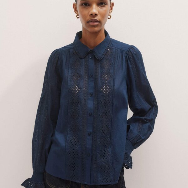 Me and Em Cotton Broderie Detail Straight Shirt – luxury British Blue in Me and Em exclusively at Luxury Shoes 