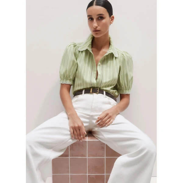 Me + Em Cotton Stripe Lace Trim Blouse – luxury British Green in Me and Em exclusively at Luxury Shoes 